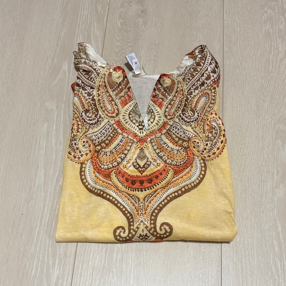 3/$10 Chico's Yellow Orange Paisley Rhinestone Accented Blouse - Picture 2 of 9